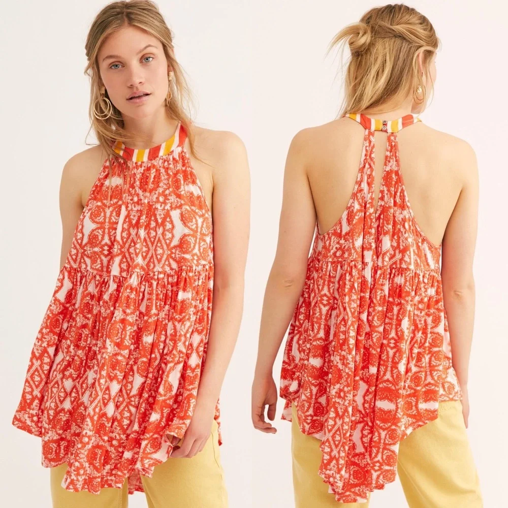 Free People Mimi Printed Halter Neck Tunic Top